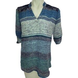 IZ Byer Blouse Top Sz M Short Sleeve Blue/White w/Black Lace on Shoulder